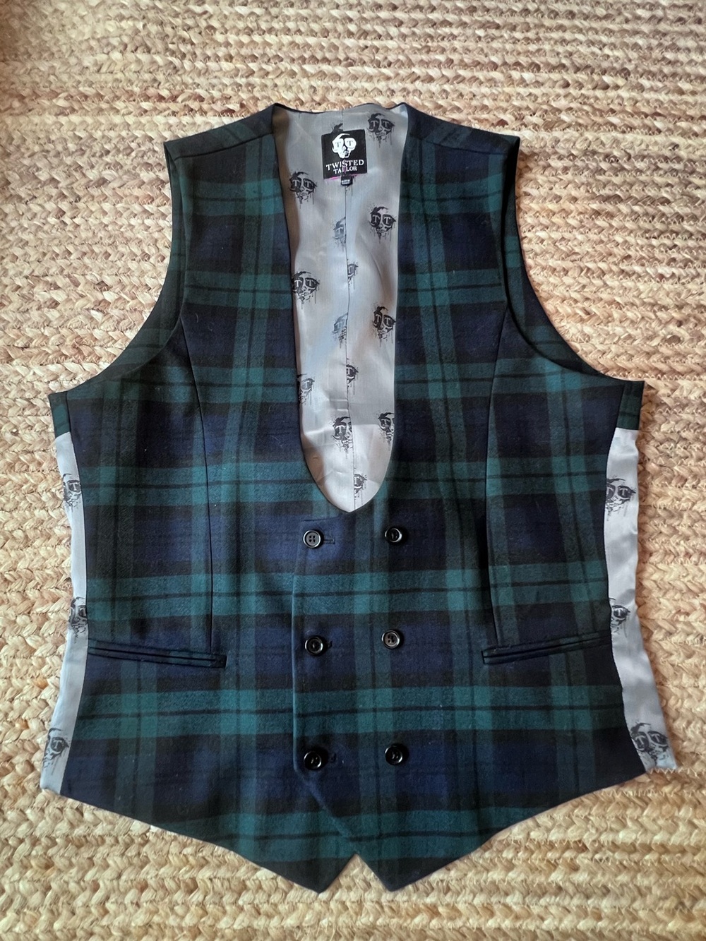 Green Tartan Double-Breasted Vest wool